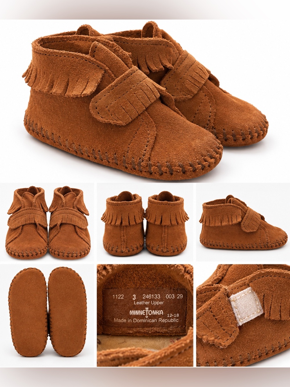 Minnetonka Front Strap Booties Baby Size 3 Brown Suede Leather Fringe Moccasins